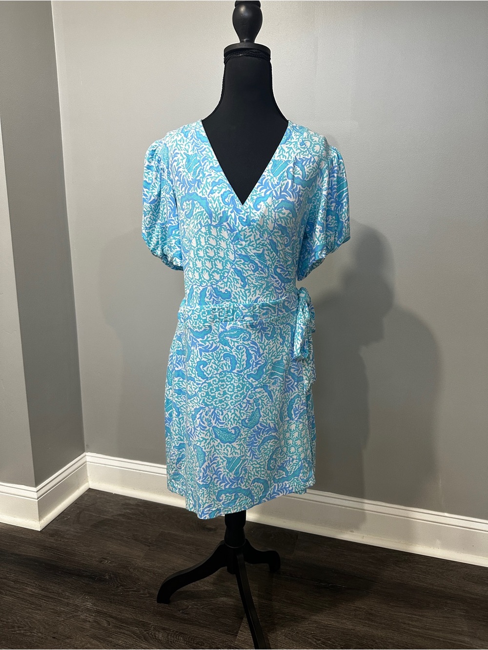 Lilly Pulitzer Aqua & White Printed Wrap Mini Dress/Romper
